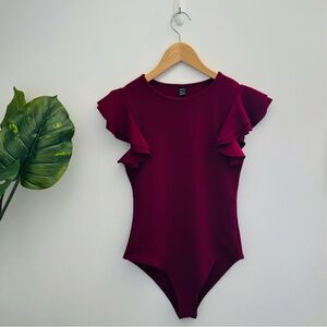 SHEIN | Ruffle Flutter Sleeve Burgundy Bodysuit Size Small